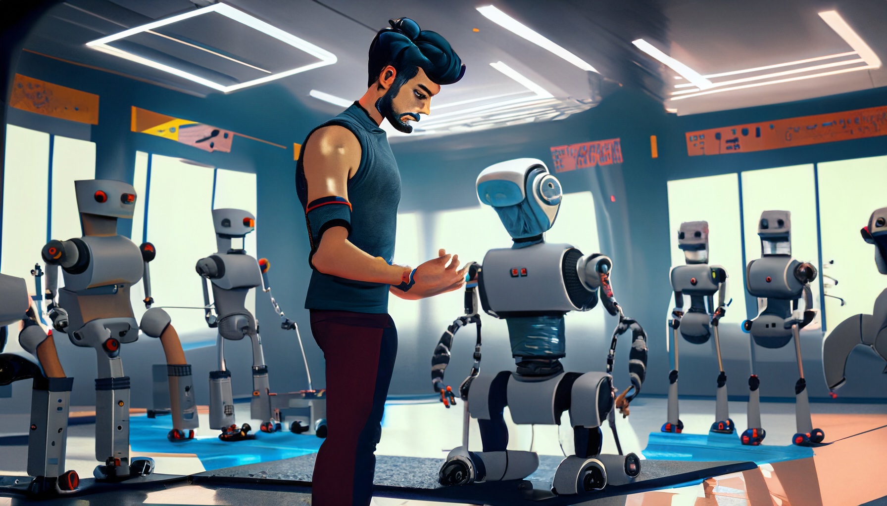 Firefly A Motivational Human Coach Training A Robot In A Busy Gym Full Of Robots. 17745